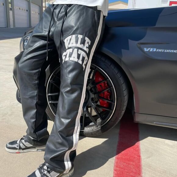 Vale State Mens Track Pants Black Leather Straight Streetwear Large - Picture 1 of 12